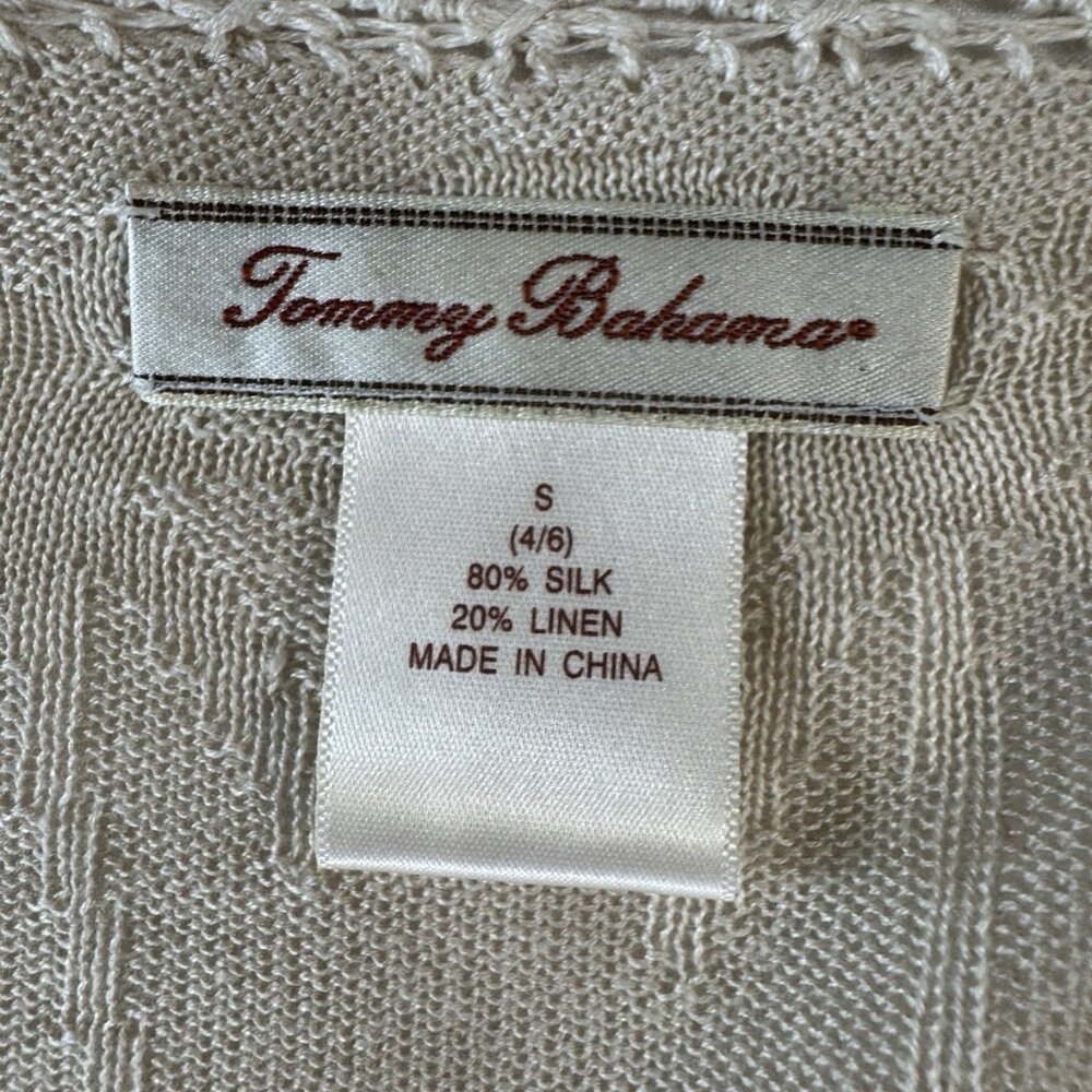 Tommy Bahama Womens Cardigan Sweater S Silky Brown Tan Crochet Trim Tropical - Picture 2 of 7